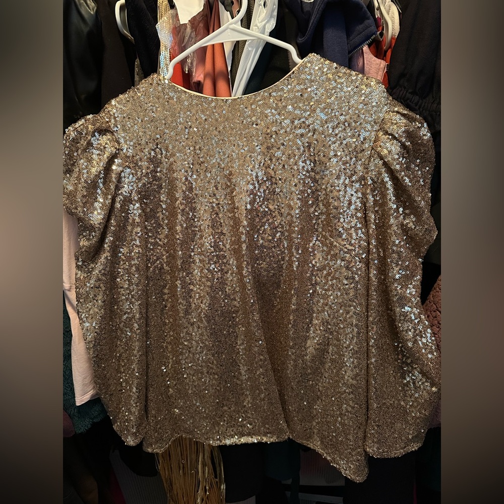 Rachel Parcell Puff Sleeve Gold Sequin top Large. New